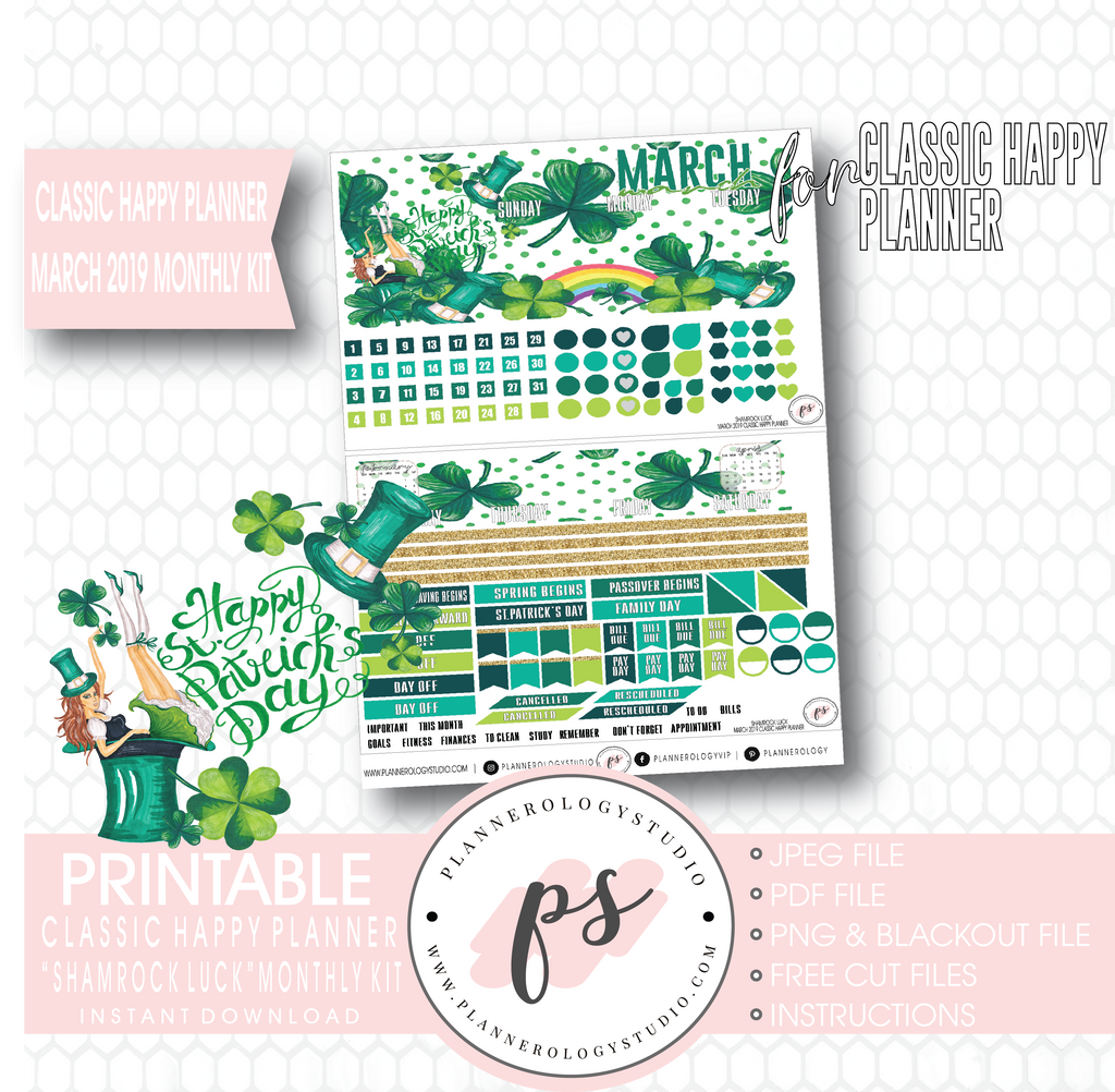 Shamrock Luck St Patrick's Day March 2019 Monthly View Kit Digital Printable Planner Stickers (for use with Classic Happy Planner) - Plannerologystudio