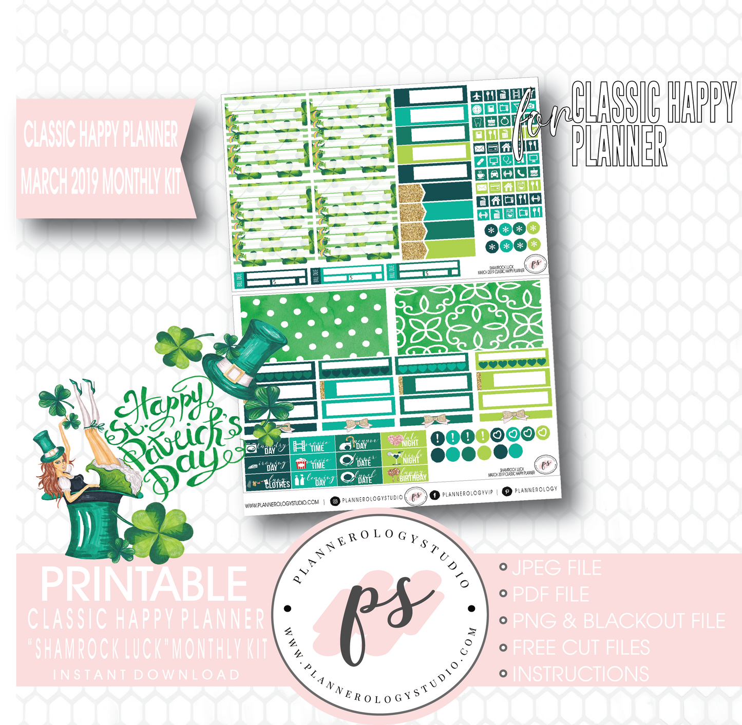 Shamrock Luck St Patrick's Day March 2019 Monthly View Kit Digital Printable Planner Stickers (for use with Classic Happy Planner) - Plannerologystudio