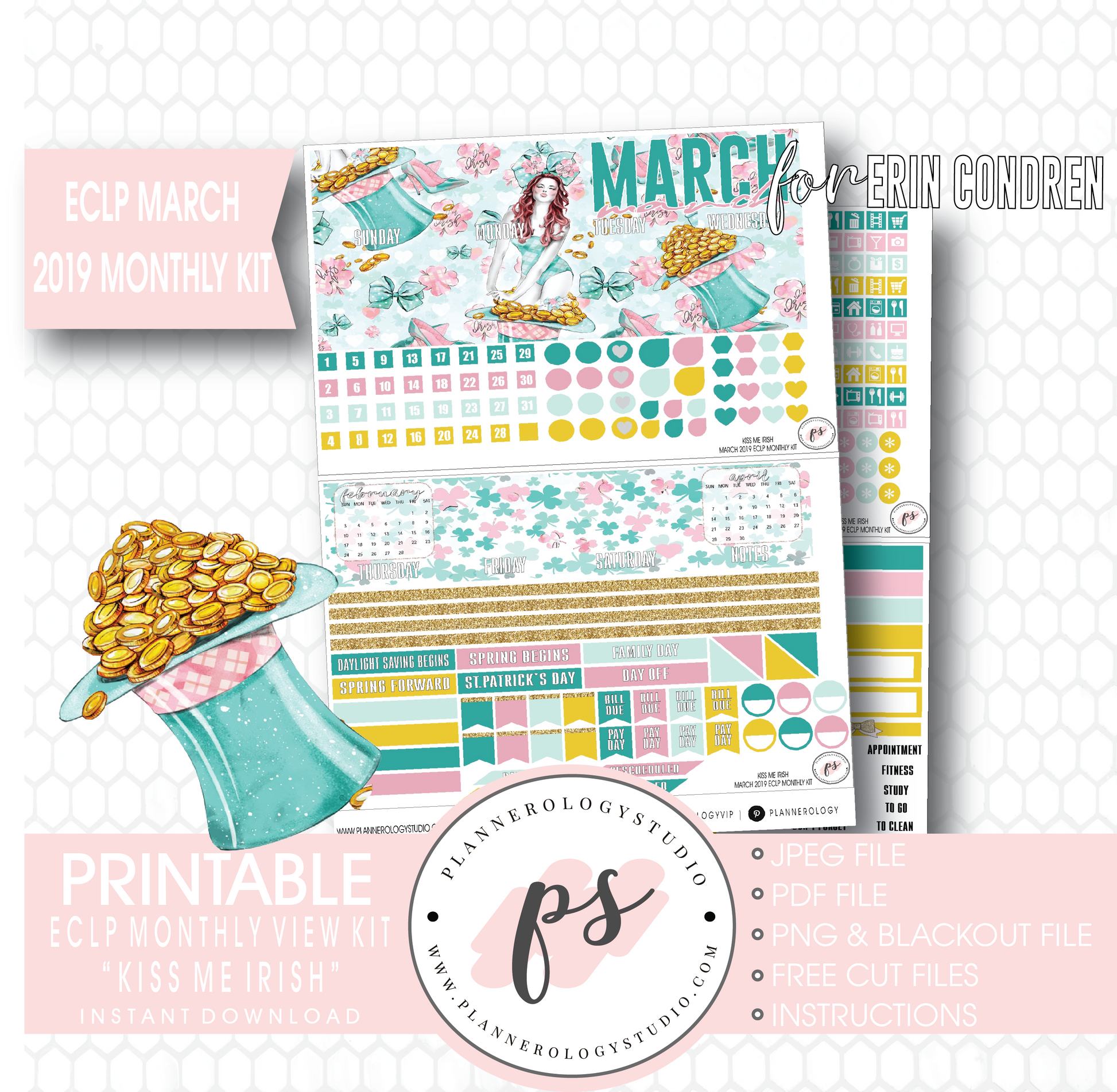Kiss Me Irish March 2019 Monthly View Kit Digital Printable Planner Stickers (for use with Erin Condren) - Plannerologystudio