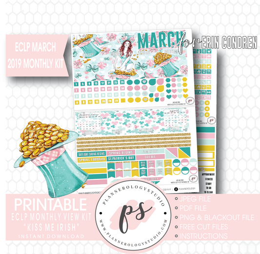 Kiss Me Irish March 2019 Monthly View Kit Digital Printable Planner Stickers (for use with Erin Condren) - Plannerologystudio