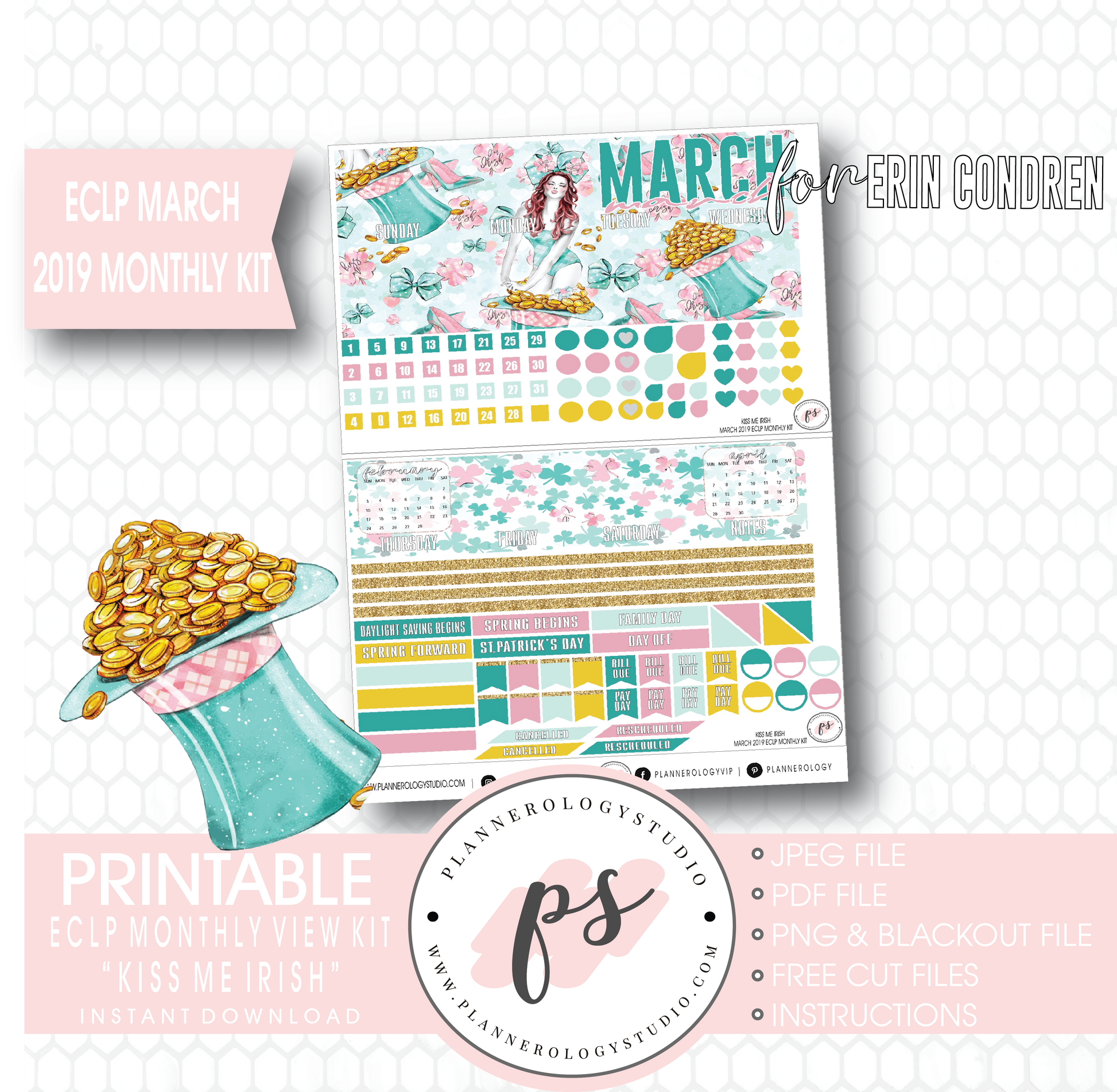 Kiss Me Irish March 2019 Monthly View Kit Digital Printable Planner Stickers (for use with Erin Condren) - Plannerologystudio