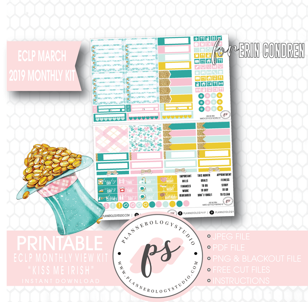 Kiss Me Irish March 2019 Monthly View Kit Digital Printable Planner Stickers (for use with Erin Condren) - Plannerologystudio