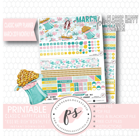 Kiss Me Irish March 2019 Monthly View Kit Digital Printable Planner Stickers (for use with Classic Happy Planner) - Plannerologystudio