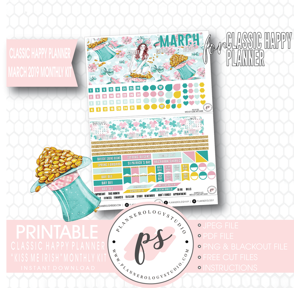 Kiss Me Irish March 2019 Monthly View Kit Digital Printable Planner Stickers (for use with Classic Happy Planner) - Plannerologystudio