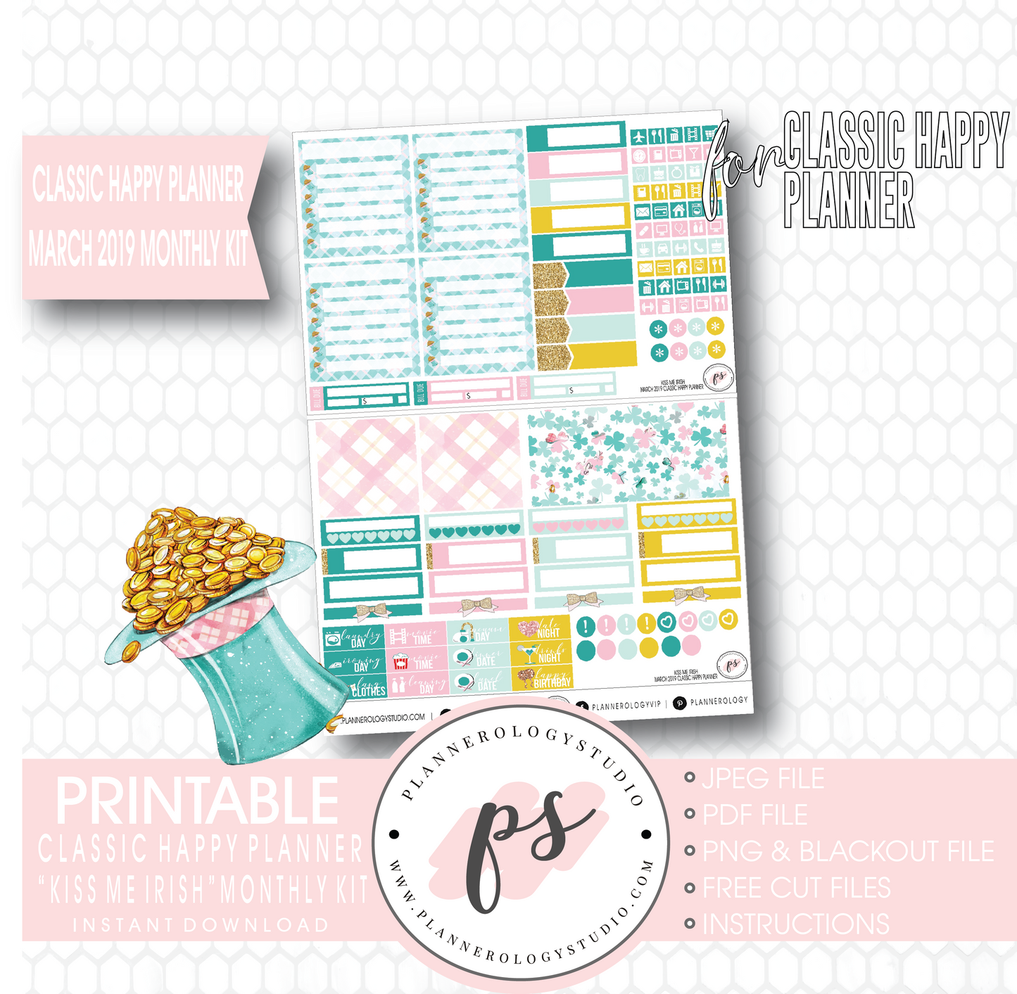Kiss Me Irish March 2019 Monthly View Kit Digital Printable Planner Stickers (for use with Classic Happy Planner) - Plannerologystudio
