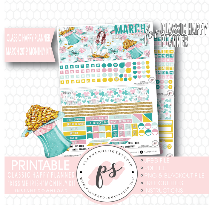 Kiss Me Irish March 2019 Monthly View Kit Digital Printable Planner Stickers (for use with Classic Happy Planner) - Plannerologystudio