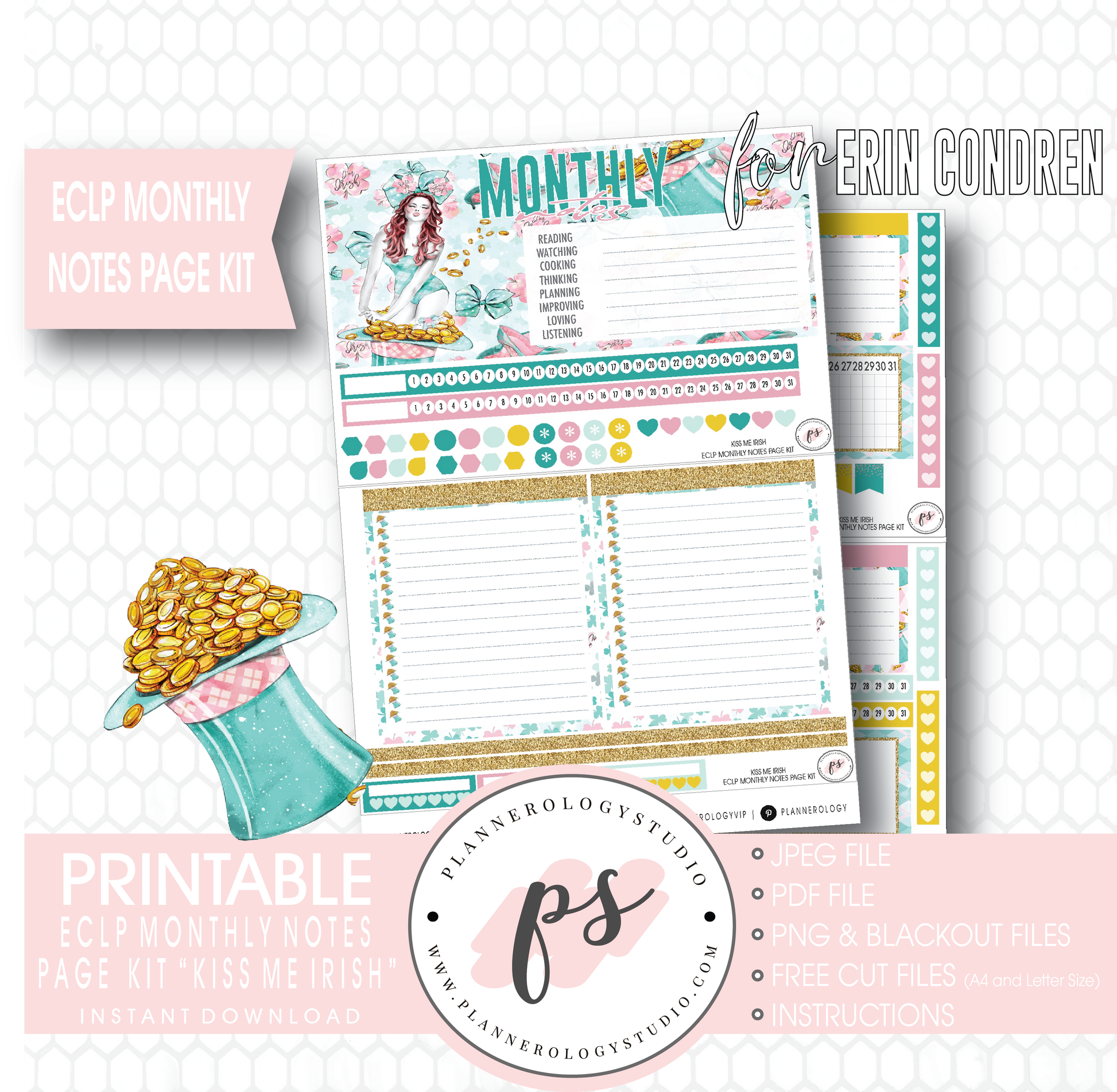 Kiss Me Irish (St. Patrick's Day) Monthly Notes Page Kit Digital Printable Planner Stickers (for use with Erin Condren) - Plannerologystudio