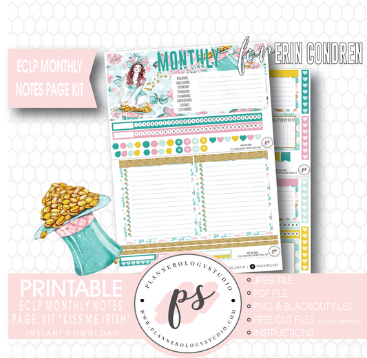 Kiss Me Irish (St. Patrick's Day) Monthly Notes Page Kit Digital Printable Planner Stickers (for use with Erin Condren) - Plannerologystudio