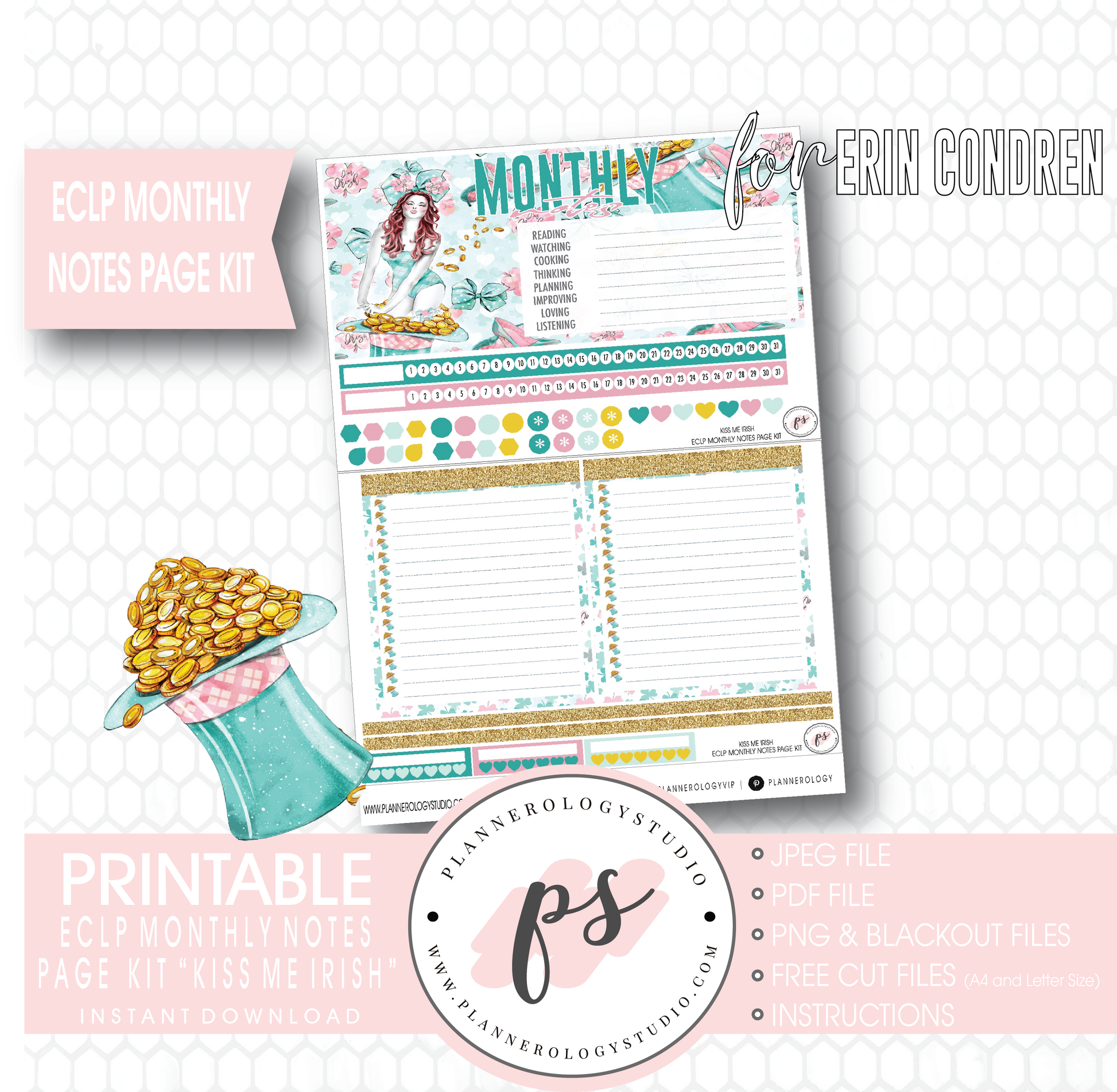 Kiss Me Irish (St. Patrick's Day) Monthly Notes Page Kit Digital Printable Planner Stickers (for use with Erin Condren) - Plannerologystudio