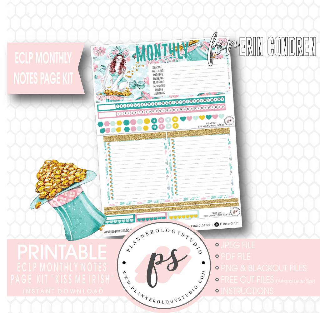 Kiss Me Irish (St. Patrick's Day) Monthly Notes Page Kit Digital Printable Planner Stickers (for use with Erin Condren) - Plannerologystudio