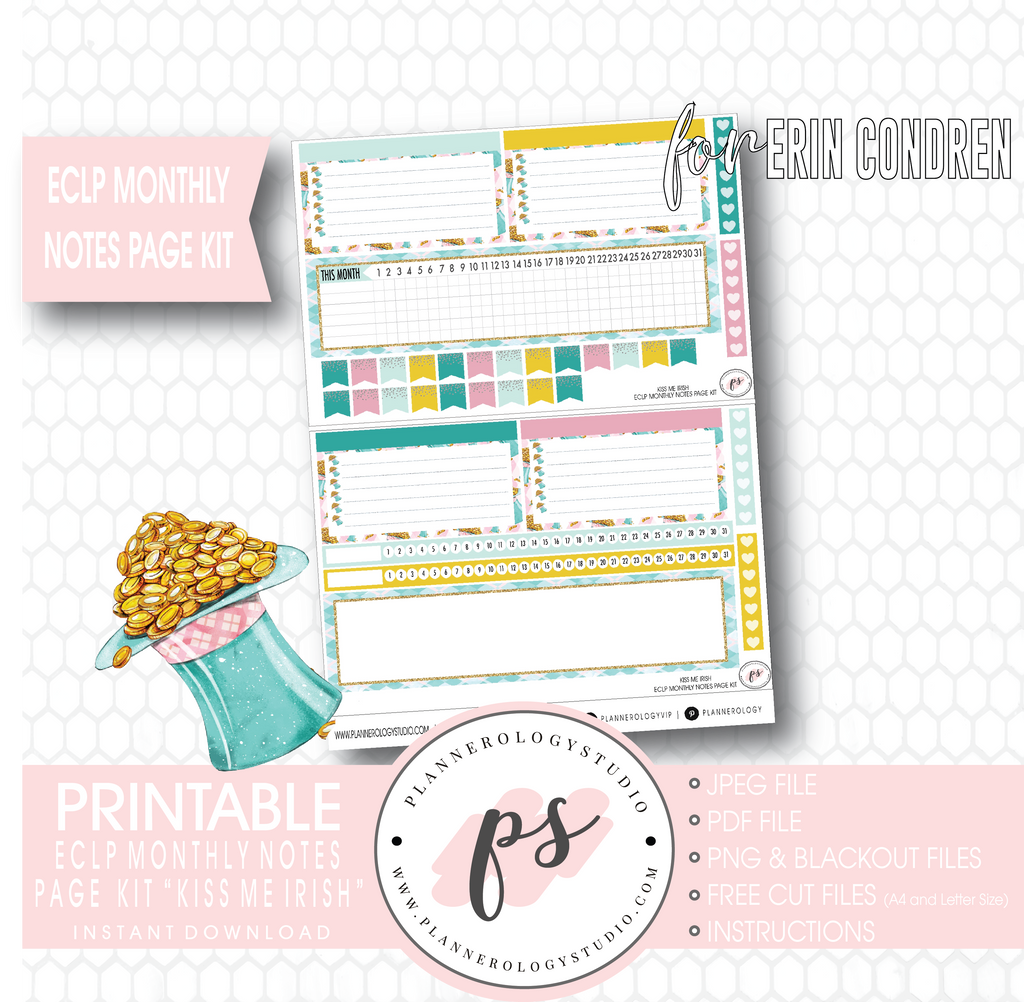 Kiss Me Irish (St. Patrick's Day) Monthly Notes Page Kit Digital Printable Planner Stickers (for use with Erin Condren) - Plannerologystudio