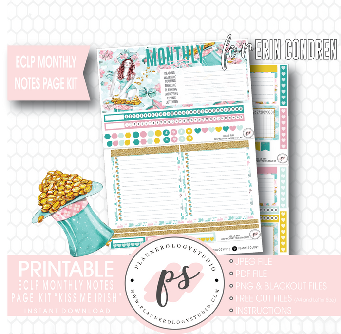 Kiss Me Irish (St. Patrick's Day) Monthly Notes Page Kit Digital Printable Planner Stickers (for use with Erin Condren) - Plannerologystudio
