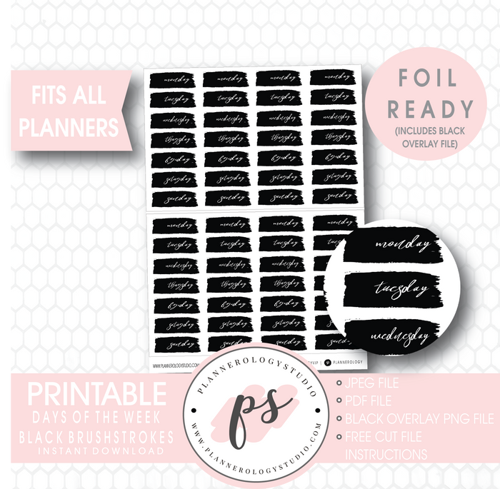 Days of the Week Brushstroke Digital Printable Planner Stickers (Foil Ready) - Plannerologystudio