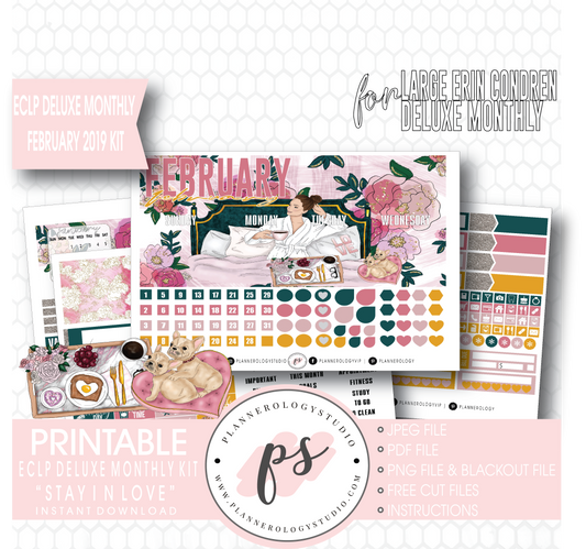 Stay In Love (Valentine's Day) February 2019 Monthly View Kit Digital Printable Planner Stickers (for use with Erin Condren Large Deluxe Monthly Planner) - Plannerologystudio