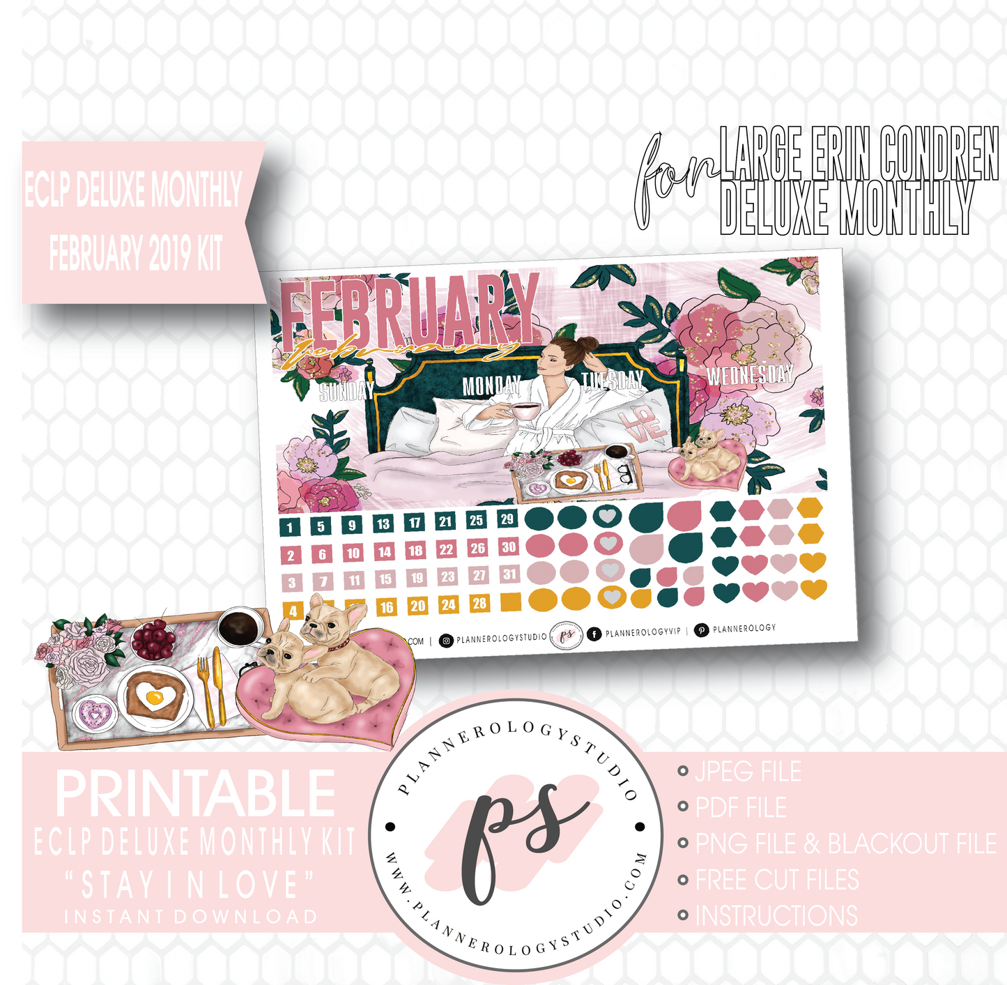 Stay In Love (Valentine's Day) February 2019 Monthly View Kit Digital Printable Planner Stickers (for use with Erin Condren Large Deluxe Monthly Planner) - Plannerologystudio