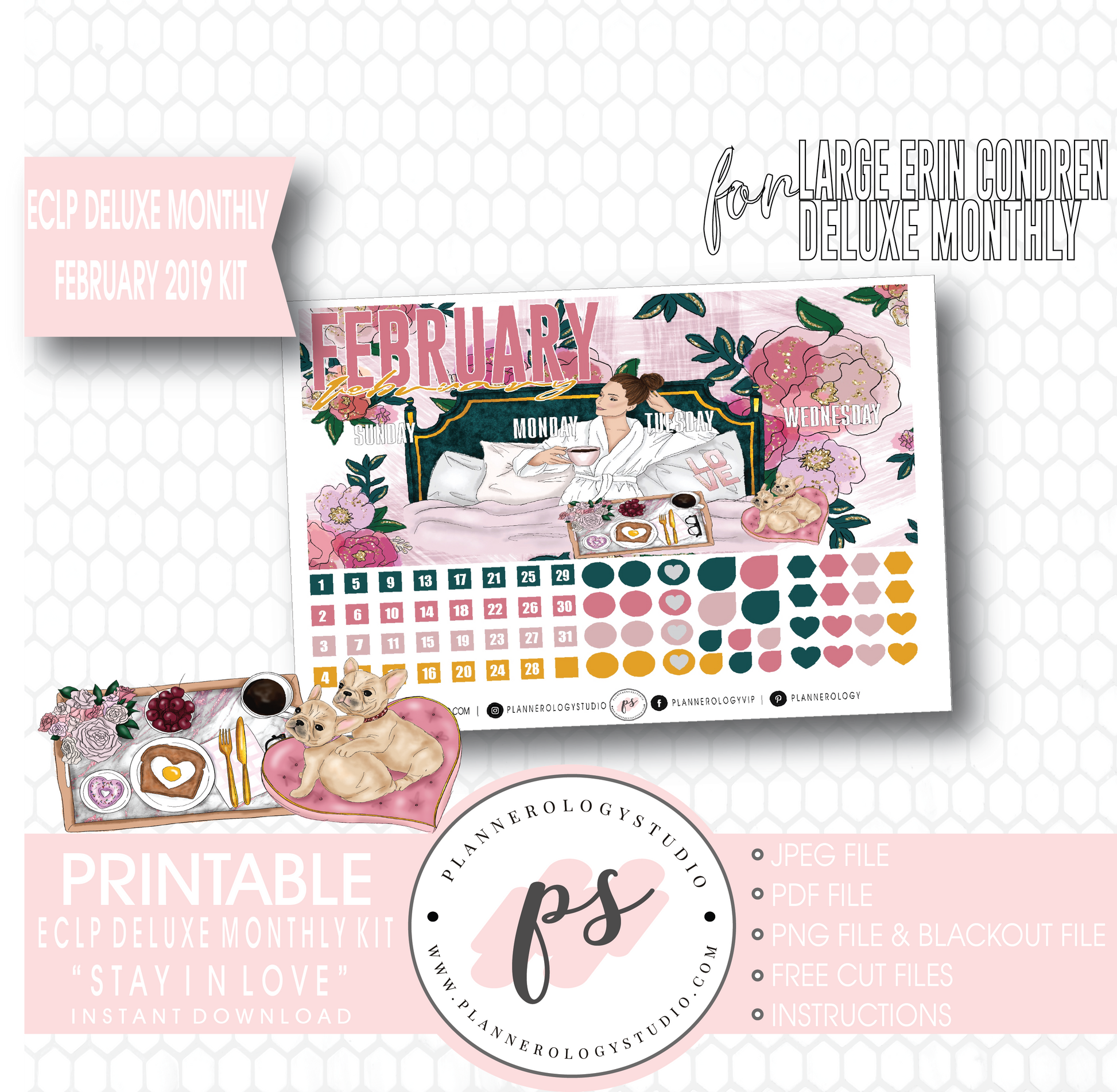 Stay In Love (Valentine's Day) February 2019 Monthly View Kit Digital Printable Planner Stickers (for use with Erin Condren Large Deluxe Monthly Planner) - Plannerologystudio