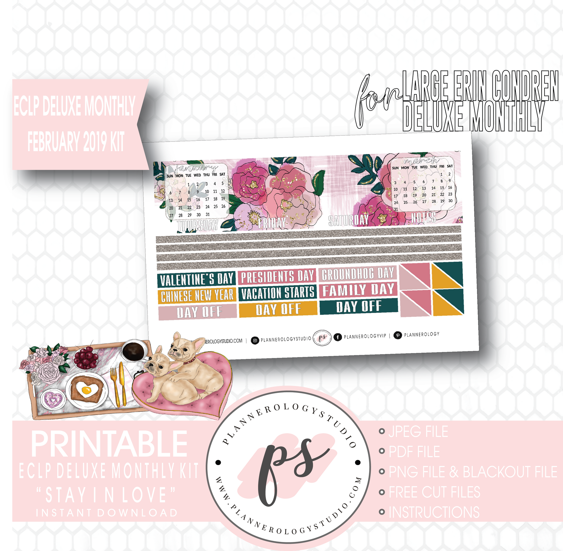 Stay In Love (Valentine's Day) February 2019 Monthly View Kit Digital Printable Planner Stickers (for use with Erin Condren Large Deluxe Monthly Planner) - Plannerologystudio