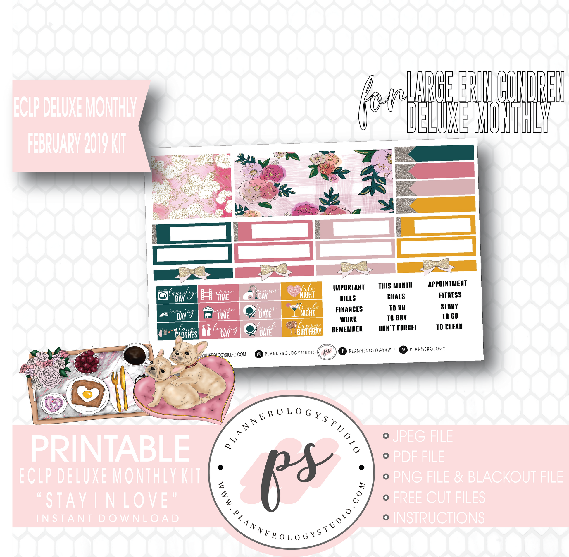 Stay In Love (Valentine's Day) February 2019 Monthly View Kit Digital Printable Planner Stickers (for use with Erin Condren Large Deluxe Monthly Planner) - Plannerologystudio
