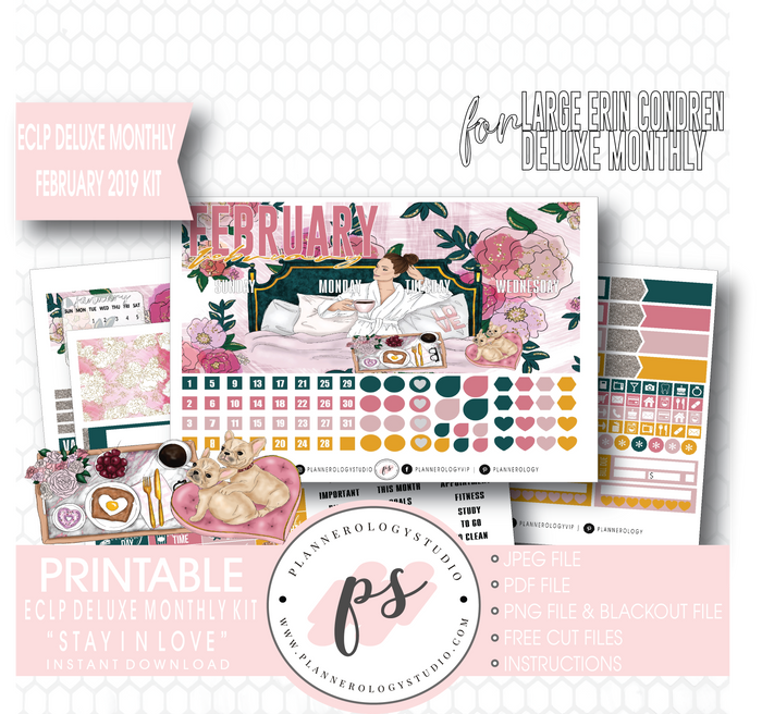 Stay In Love (Valentine's Day) February 2019 Monthly View Kit Digital Printable Planner Stickers (for use with Erin Condren Large Deluxe Monthly Planner) - Plannerologystudio