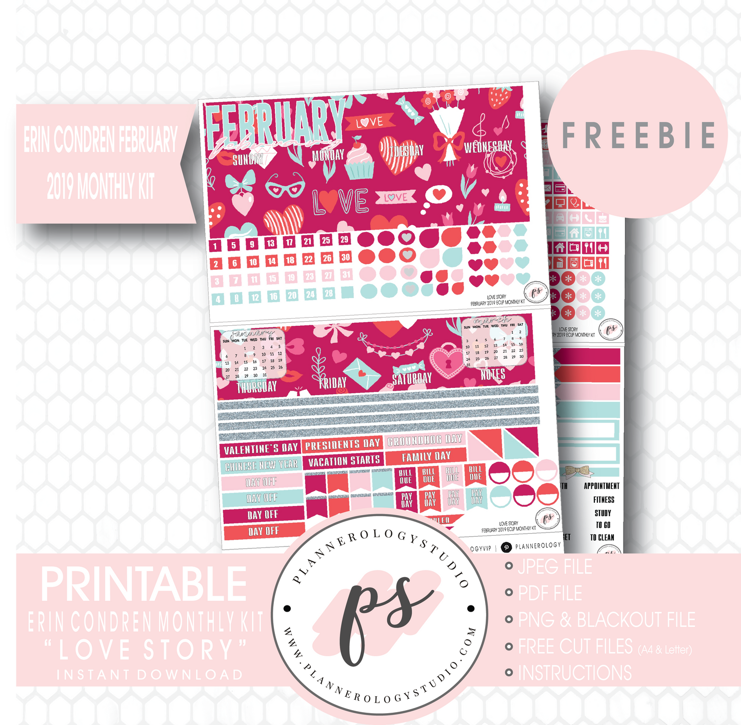 Love Story (Valentine's Day) ECLP Erin Condren February 2019 Monthly Kit Digital Printable Planner Stickers (PDF/JPG/PNG/Cut File Freebie) - Plannerologystudio