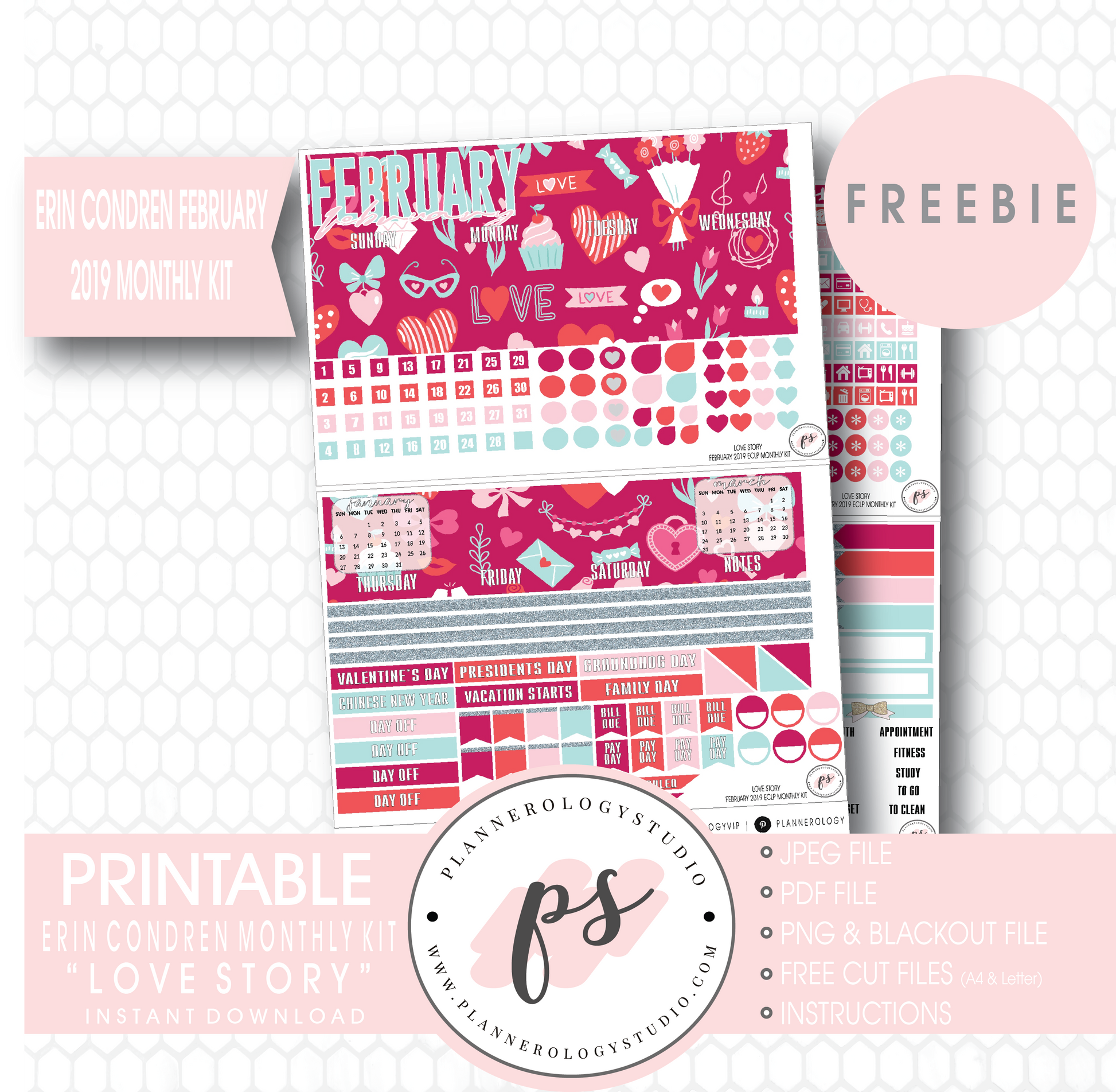 Love Story (Valentine's Day) ECLP Erin Condren February 2019 Monthly Kit Digital Printable Planner Stickers (PDF/JPG/PNG/Cut File Freebie) - Plannerologystudio