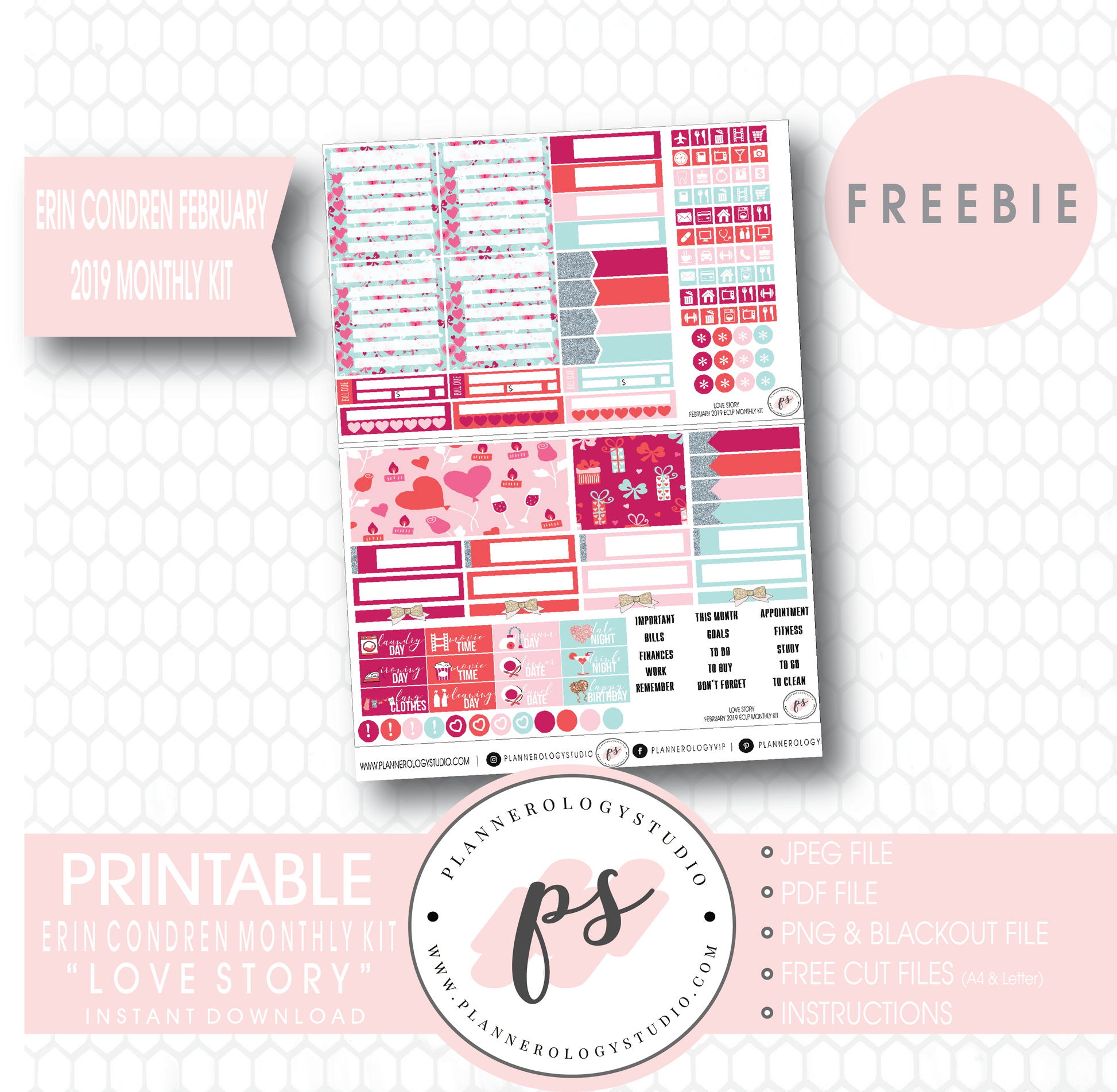 Love Story (Valentine's Day) ECLP Erin Condren February 2019 Monthly Kit Digital Printable Planner Stickers (PDF/JPG/PNG/Cut File Freebie) - Plannerologystudio
