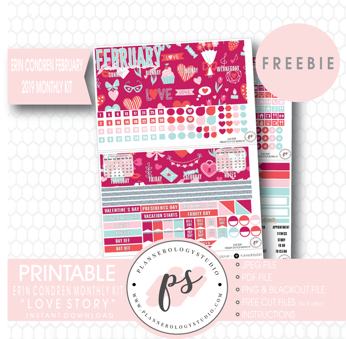 Love Story (Valentine's Day) ECLP Erin Condren February 2019 Monthly Kit Digital Printable Planner Stickers (PDF/JPG/PNG/Cut File Freebie) - Plannerologystudio