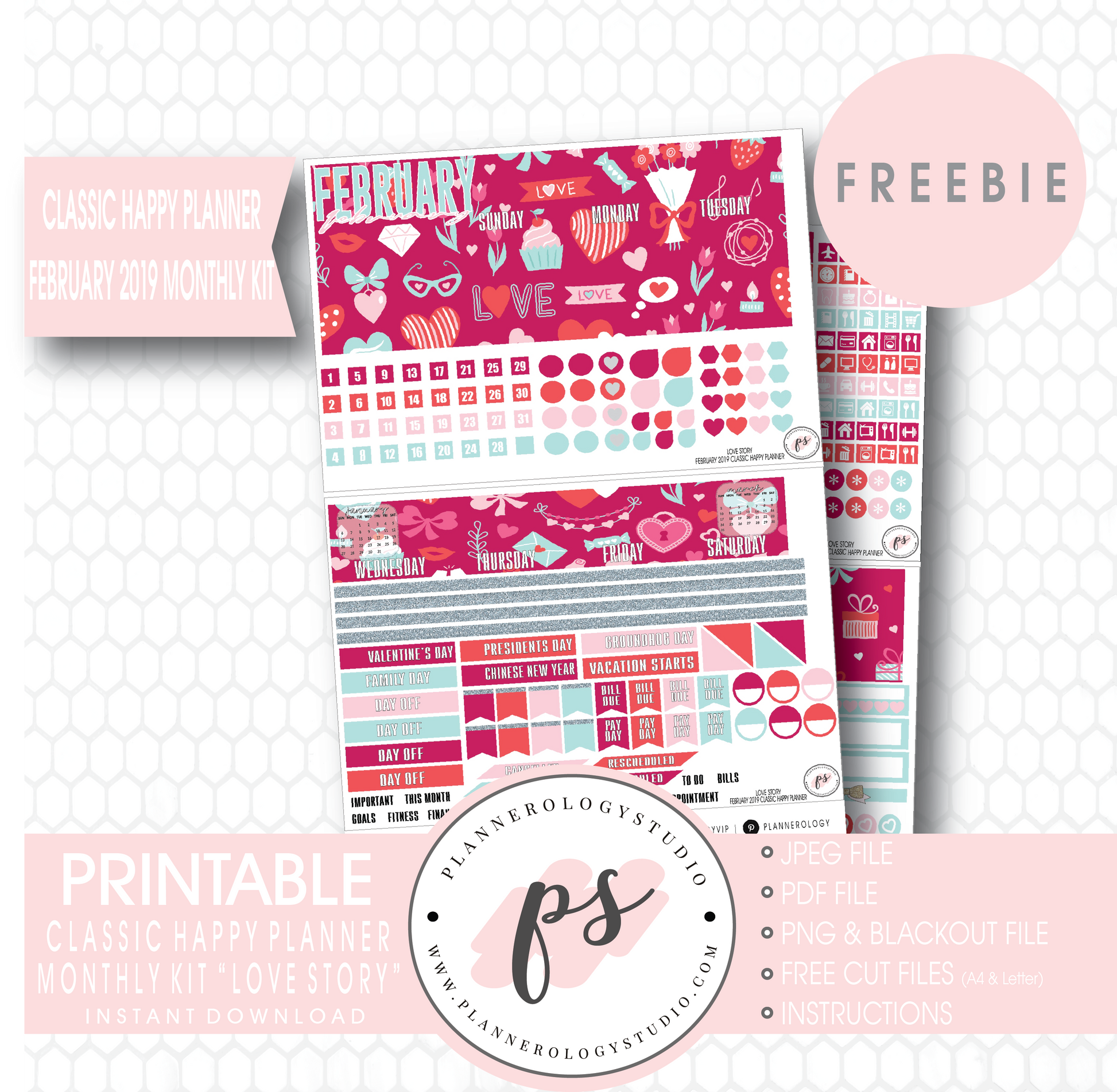 Love Story (Valentine's Day) Classic Happy Planner February 2019 Monthly Kit Digital Printable Planner Stickers (PDF/JPG/PNG/Cut File Freebie) - Plannerologystudio