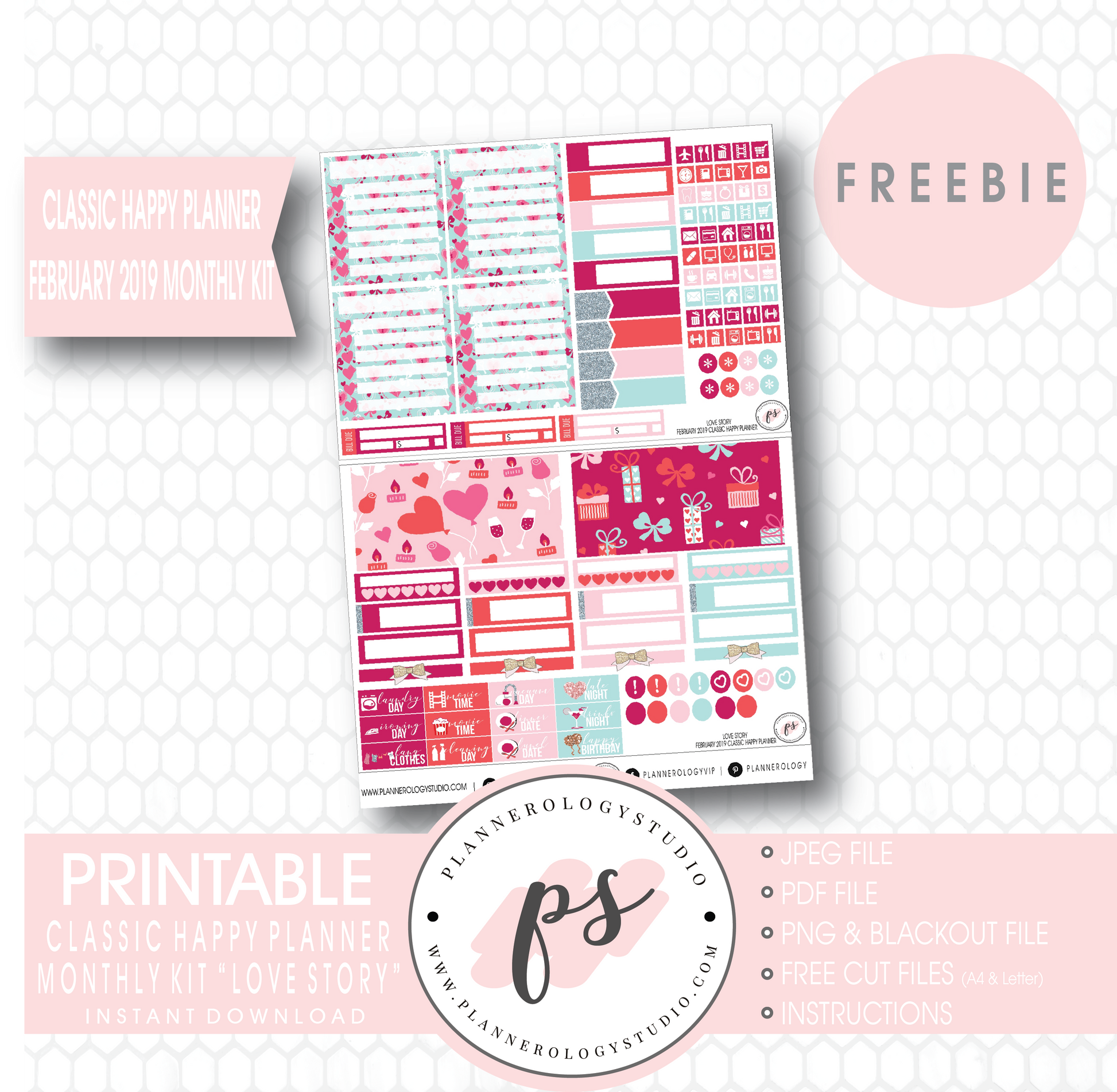 Love Story (Valentine's Day) Classic Happy Planner February 2019 Monthly Kit Digital Printable Planner Stickers (PDF/JPG/PNG/Cut File Freebie) - Plannerologystudio