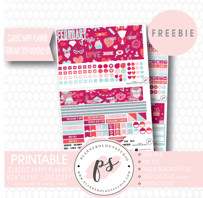 Love Story (Valentine's Day) Classic Happy Planner February 2019 Monthly Kit Digital Printable Planner Stickers (PDF/JPG/PNG/Cut File Freebie) - Plannerologystudio