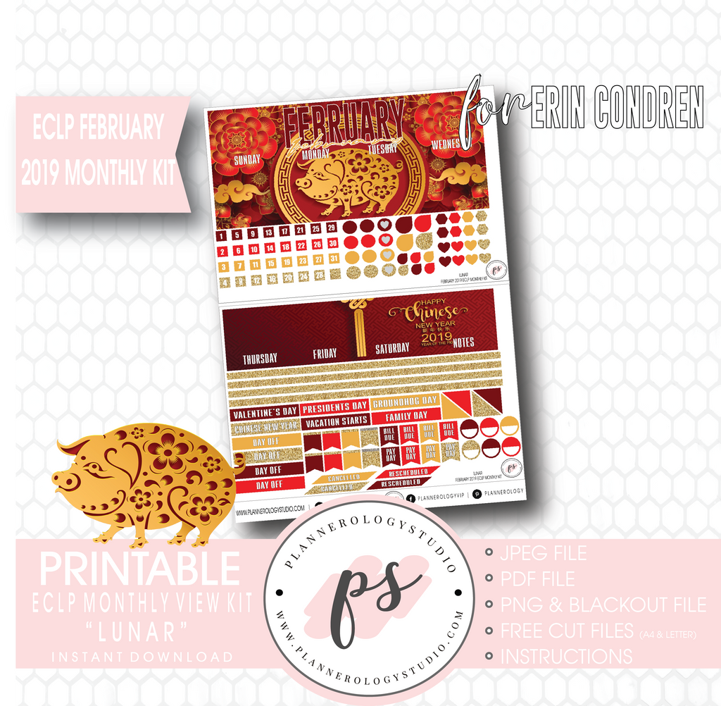 Lunar (Chinese New Year) February 2019 Monthly View Kit Digital Printable Planner Stickers (for use with Erin Condren) - Plannerologystudio