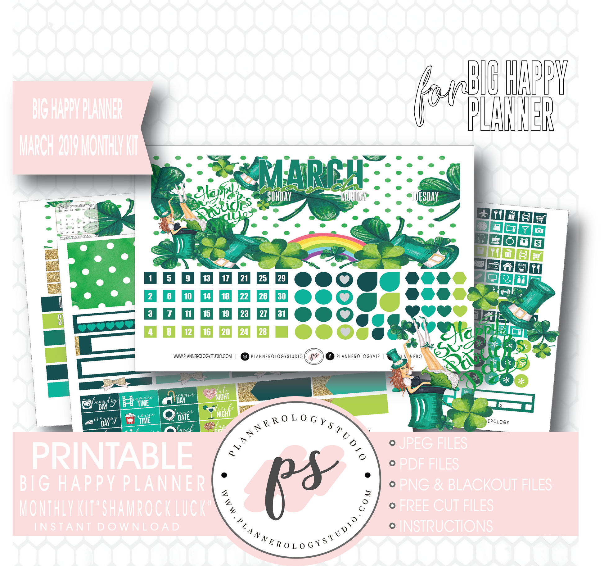 Shamrock Luck (St. Patrick's Day) March 2019 Monthly View Kit Digital Printable Planner Stickers (for use with Big Happy Planner) - Plannerologystudio