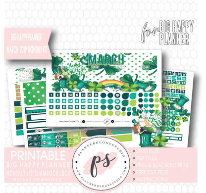 Shamrock Luck (St. Patrick's Day) March 2019 Monthly View Kit Digital Printable Planner Stickers (for use with Big Happy Planner) - Plannerologystudio