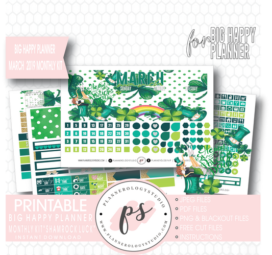 Shamrock Luck (St. Patrick's Day) March 2019 Monthly View Kit Digital Printable Planner Stickers (for use with Big Happy Planner) - Plannerologystudio