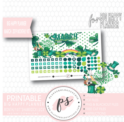 Shamrock Luck (St. Patrick's Day) March 2019 Monthly View Kit Digital Printable Planner Stickers (for use with Big Happy Planner) - Plannerologystudio