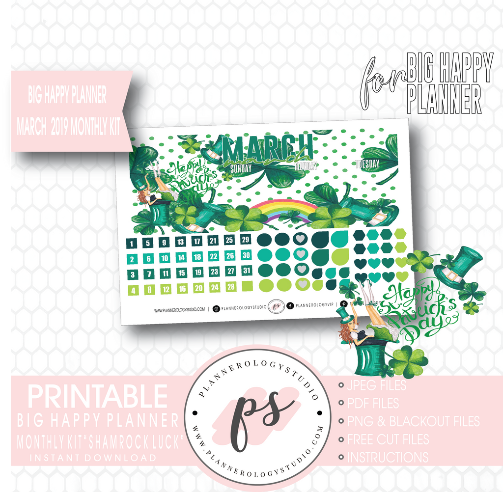 Shamrock Luck (St. Patrick's Day) March 2019 Monthly View Kit Digital Printable Planner Stickers (for use with Big Happy Planner) - Plannerologystudio