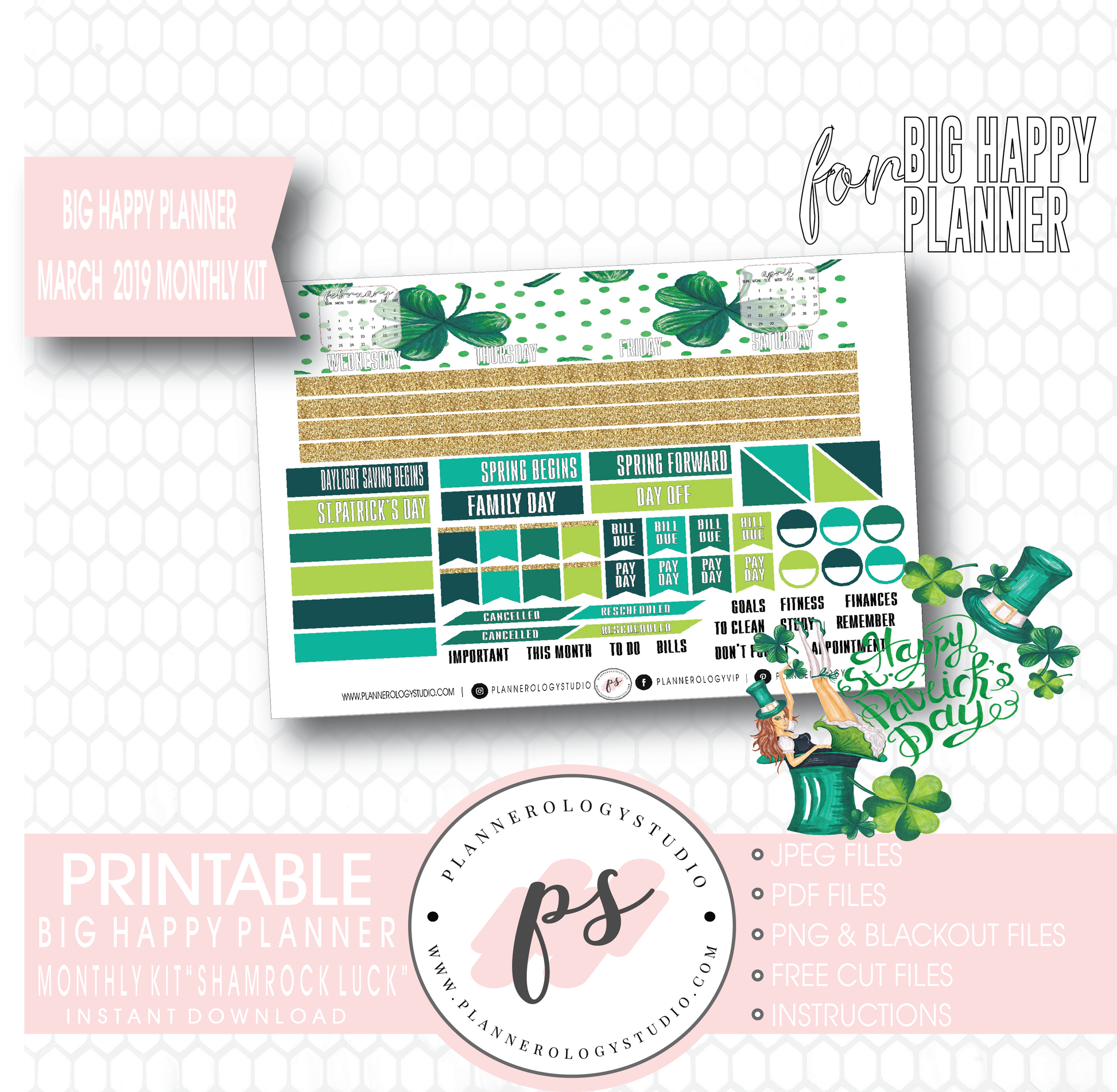 Shamrock Luck (St. Patrick's Day) March 2019 Monthly View Kit Digital Printable Planner Stickers (for use with Big Happy Planner) - Plannerologystudio