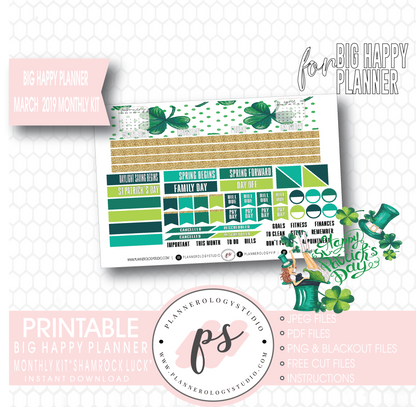 Shamrock Luck (St. Patrick's Day) March 2019 Monthly View Kit Digital Printable Planner Stickers (for use with Big Happy Planner) - Plannerologystudio