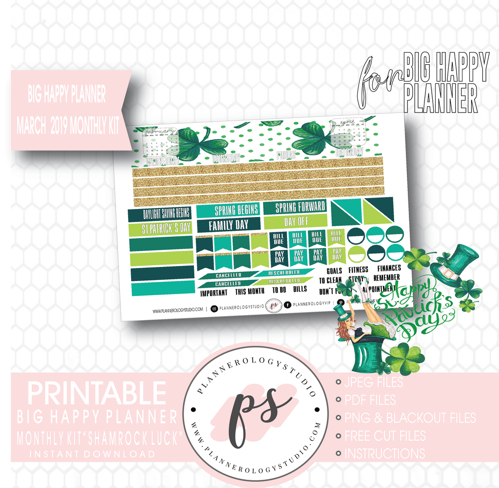 Shamrock Luck (St. Patrick's Day) March 2019 Monthly View Kit Digital Printable Planner Stickers (for use with Big Happy Planner) - Plannerologystudio