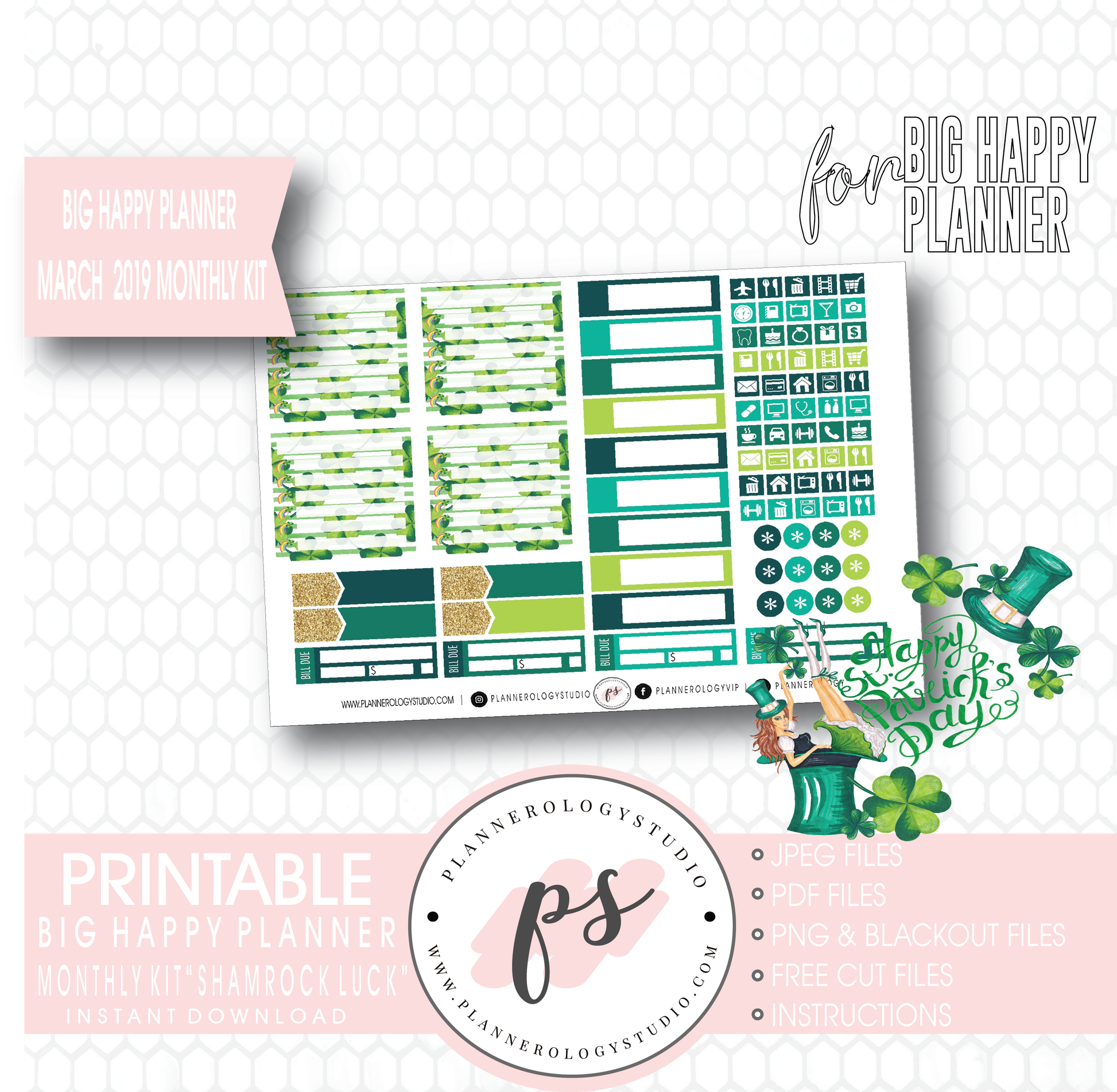 Shamrock Luck (St. Patrick's Day) March 2019 Monthly View Kit Digital Printable Planner Stickers (for use with Big Happy Planner) - Plannerologystudio