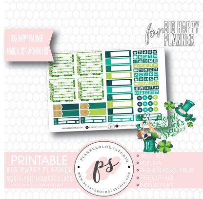 Shamrock Luck (St. Patrick's Day) March 2019 Monthly View Kit Digital Printable Planner Stickers (for use with Big Happy Planner) - Plannerologystudio