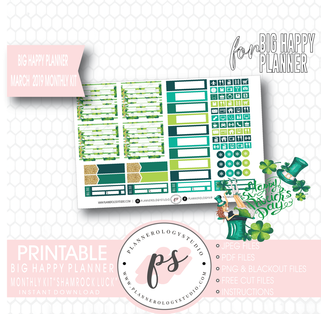 Shamrock Luck (St. Patrick's Day) March 2019 Monthly View Kit Digital Printable Planner Stickers (for use with Big Happy Planner) - Plannerologystudio