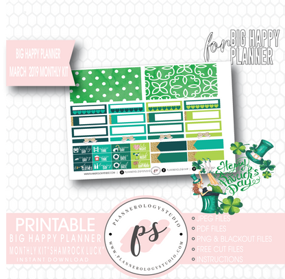 Shamrock Luck (St. Patrick's Day) March 2019 Monthly View Kit Digital Printable Planner Stickers (for use with Big Happy Planner) - Plannerologystudio