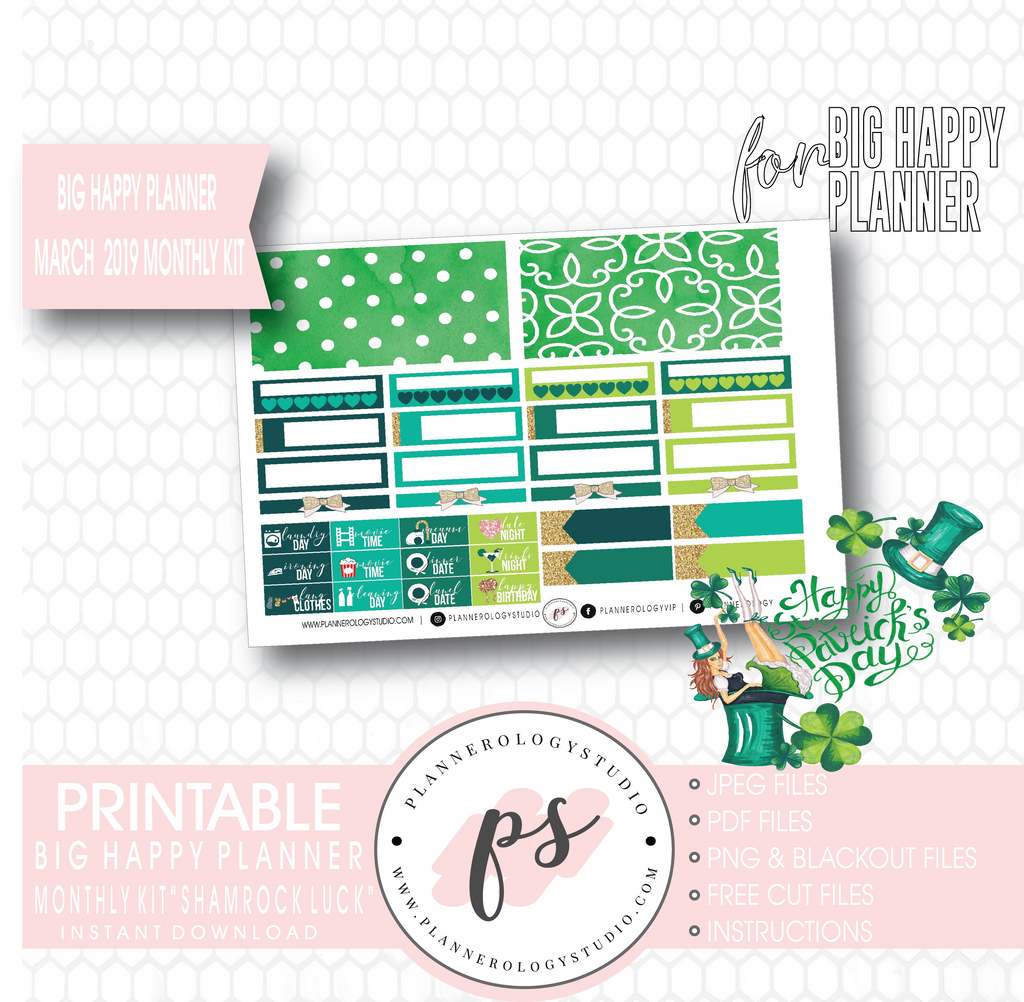 Shamrock Luck (St. Patrick's Day) March 2019 Monthly View Kit Digital Printable Planner Stickers (for use with Big Happy Planner) - Plannerologystudio