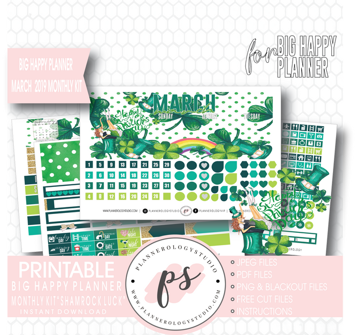 Shamrock Luck (St. Patrick's Day) March 2019 Monthly View Kit Digital Printable Planner Stickers (for use with Big Happy Planner) - Plannerologystudio
