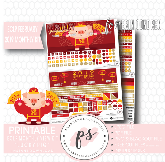 Lucky Pig (Chinese/Lunar New Year) February 2019 Monthly View Kit Digital Printable Planner Stickers (for use with Erin Condren) - Plannerologystudio