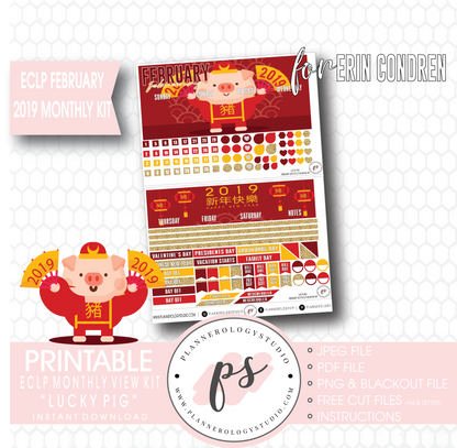 Lucky Pig (Chinese/Lunar New Year) February 2019 Monthly View Kit Digital Printable Planner Stickers (for use with Erin Condren) - Plannerologystudio