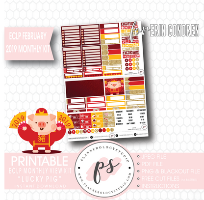 Lucky Pig (Chinese/Lunar New Year) February 2019 Monthly View Kit Digital Printable Planner Stickers (for use with Erin Condren) - Plannerologystudio
