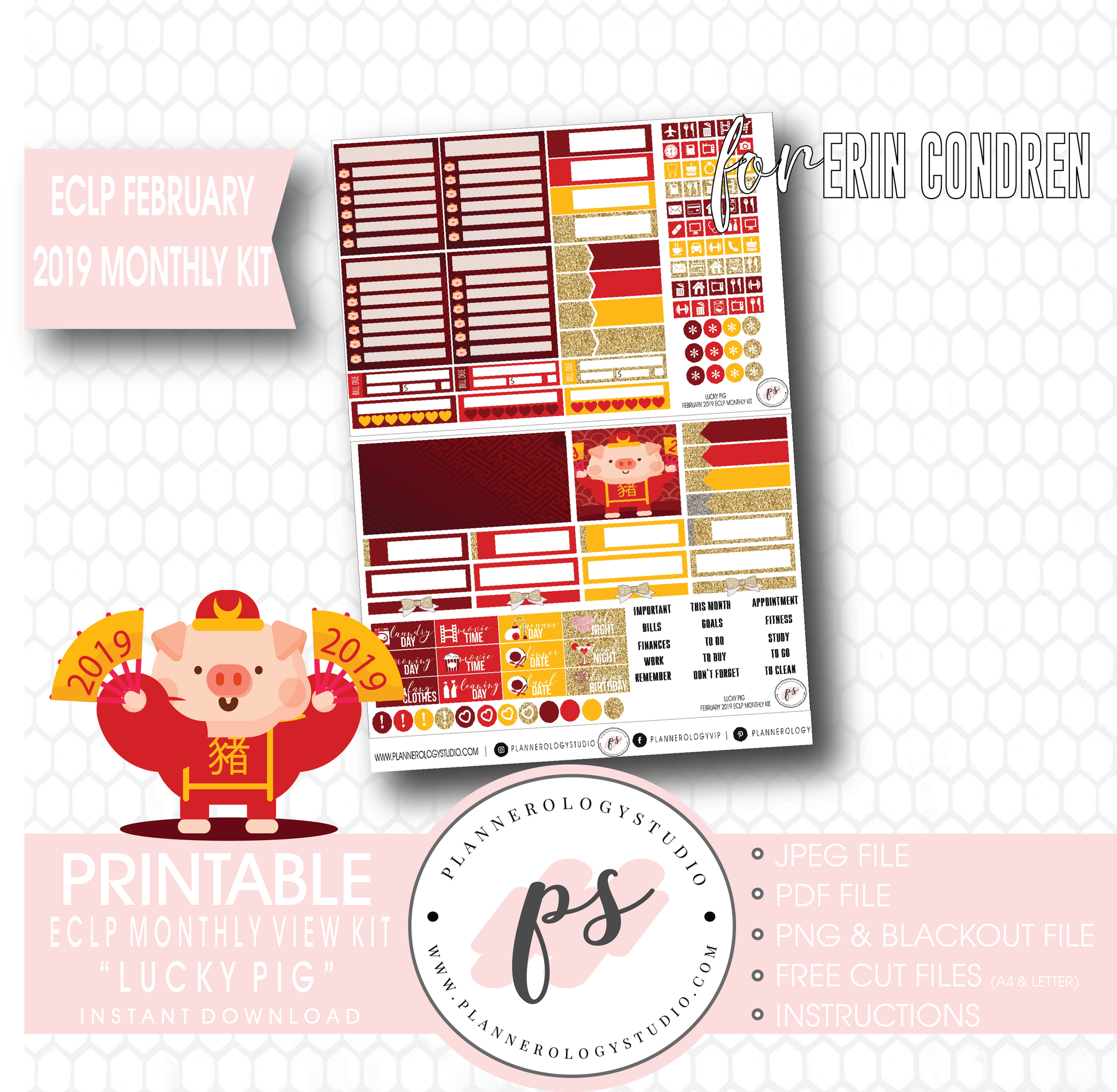 Lucky Pig (Chinese/Lunar New Year) February 2019 Monthly View Kit Digital Printable Planner Stickers (for use with Erin Condren) - Plannerologystudio