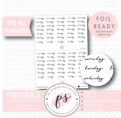 Days of the Week (Monday to Friday) Script Digital Printable Planner Stickers (Foil Ready) - Plannerologystudio